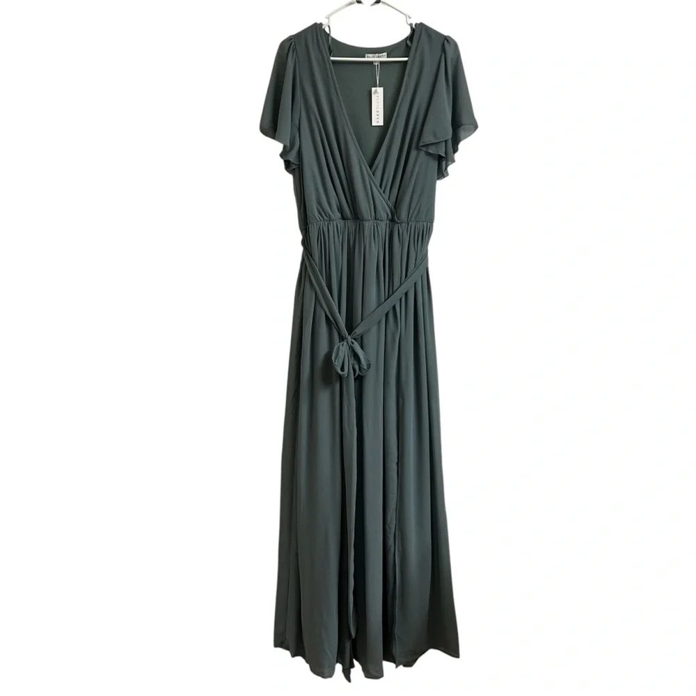 Baltic Born Kristina Dusty Blue Flowy Wrap Tie Slit Maxi Dress Womens Size 1XL - Picture 2 of 11